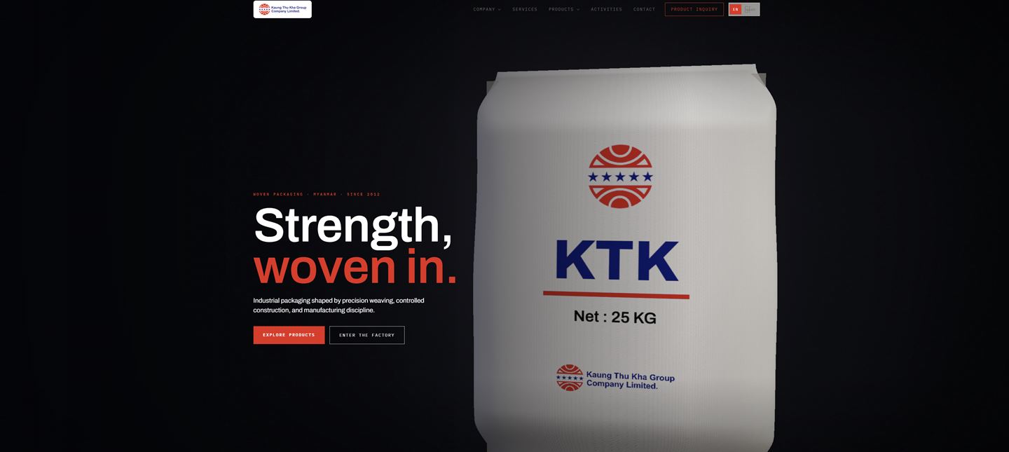 The KTK site: a woven cement sack lit against black beside the headline Strength, woven in.