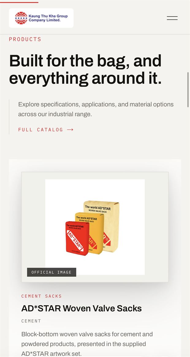 The KTK website on a phone, showing a woven valve sack product.