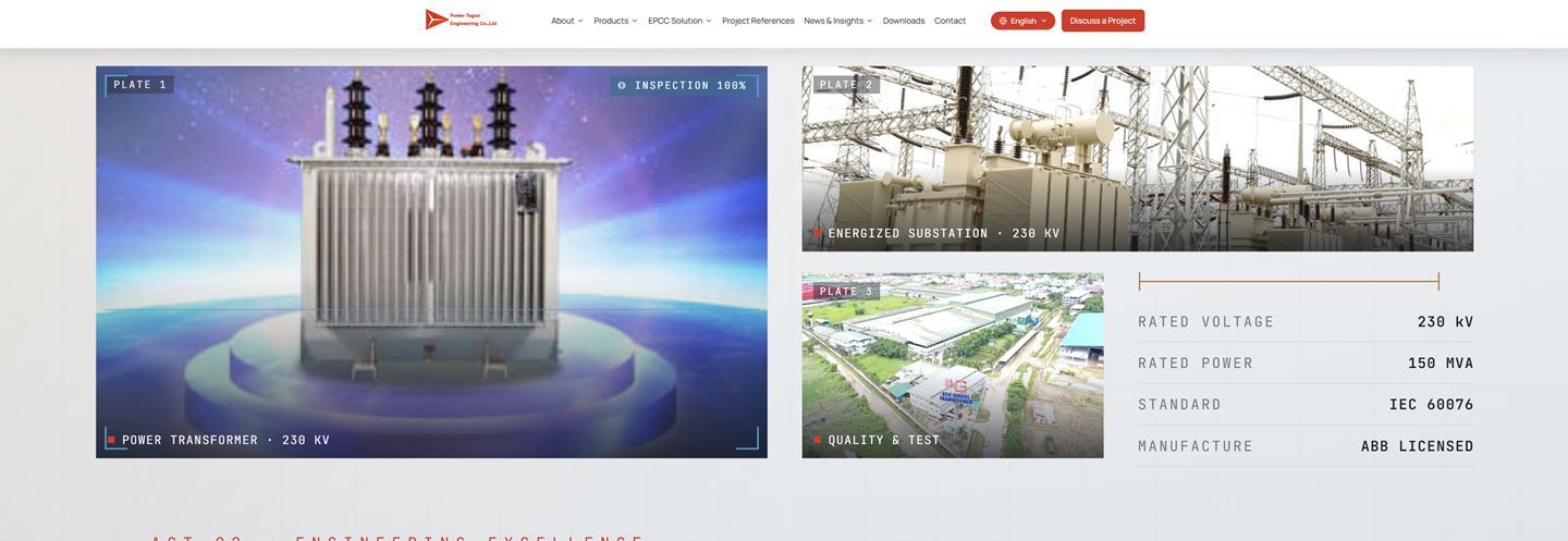 The Power Tagun Engineering site: a power transformer render above the headline Built to international standards.